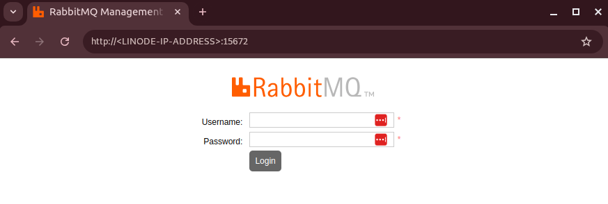 Web browser accessing RabbitMQ management interface via port 15672 on a Linode Compute Instance.