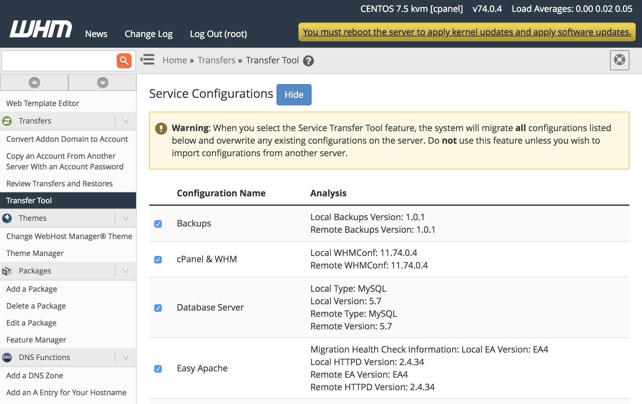 WHM Transfer Tool - Service Configurations form. WHM Transfer Tool Service Configurations Form
