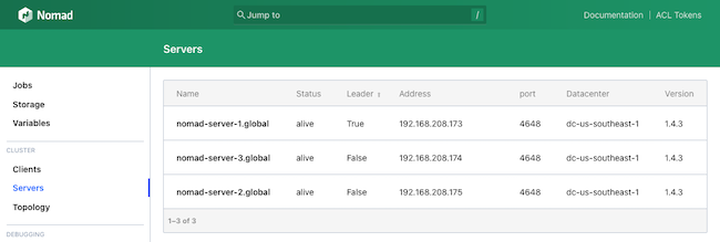 Nomad server nodes listed in the web interface Nomad server nodes listed in the web interface